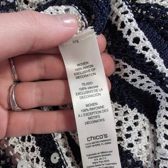 Chico's Striped Nautical Glam Chic Crochet Fisherman Open Knit Sequin Sweater S - Picture 4 of 9